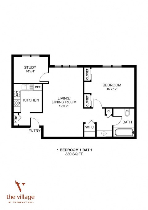 Floor plan for 1 bed, 1 bath, 830 sqft